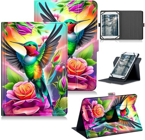 RWUTYTIUL for Universal Tablet Case 7 7.9 8.0 8.3 8.4 8.7 9 Android, 360 Degree Rotating Kickstand Protective Stand Case with Multiple Viewing PU Leather Shell Case for Women Men, Hummingbird