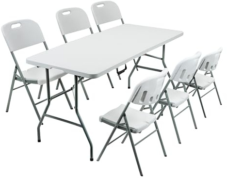 Crystals 6FT White Folding Trestle Table with 6 Folding Camping Chairs - Heavy-Duty Dining Set for Indoor and Outdoor Events, Suitable for Picnics, BBQs, Camping, Parties, and Everyday Use