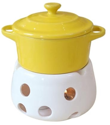 KANLVU Ceramics Chocolate Fondue Set with 2 Forks and 1 Tealights Cheese Fondue Sets with Lid Butter Warmer Set, Melting Pot for Chocolate and Tapas(Yellow)