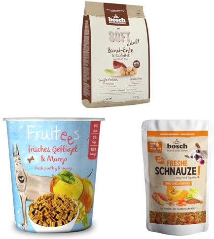 Bosch HPC Soft Land-Ente & Kartoffel Single Protein | Grain-Free | 1 x 2.5 kg+Bosch Fruitees frisches Geflügel & Mango |4 x 200 g + Freshe Schnauze Sonnig gelbes Ackergemüse 1 x 200g| Getreidefrei|
