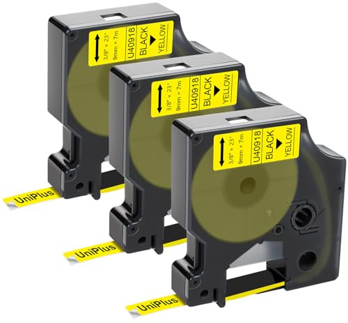UniPlus 3x Kompatibel D1 9mm Schriftband als Ersatz für D1 40918 S0720730 Schwarz auf Gelb für Dymo LabelWriter 450 Duo Turbo LabelPoint 150 250 LabelManager 160 210D 280 360D 500TS 110 120P