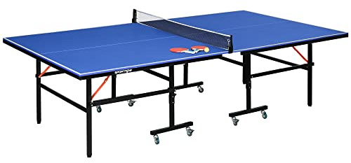 SPORTNOW Mesa de Ping Pong Plegable Profesional Tamaño Estándar Mesa de Tenis con Ruedas Pelota Red Paletas para Interior y Exterior 274x152,5x76 cm Azul