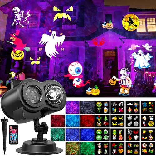 OUSFOT Projektor Weihnachten Aussen, 16 Folien, Halloween Projektor mit Fernbedienung und Timer-Funktion, Geeignet für Erntedankfest, Weihnachten, Neujahr, Partys