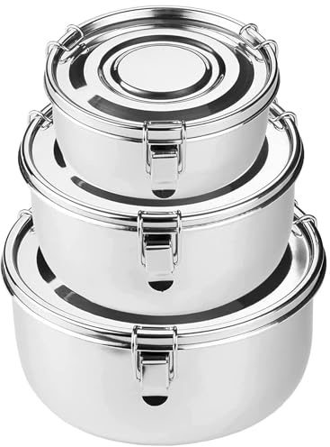 Jekasy Edelstahl Behälter Mit Deckel 3 Pack,304 Brotdose Edelstahl Auslaufsicher Metall Behälter Perfekt für Camping Ausflüge,Mittagessen,Reste,Suppen,Salate