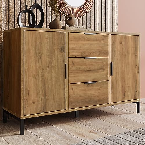 BTM Kommode mit 2 Türen und 3 Schubladen, 120 x 40 x 76 cm in Dunkle Eiche, Verstellbare Ablage, Sideboard Highboard für Schlafzimmer & alle Wohnräume