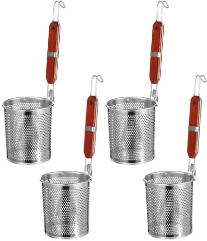 Stainless Steel Pasta Strainer Set 4 Pcs, Mesh Noodle Dumpling Baskets, Blanching Tools with Red Wood Handle, Kitchen Cooking Accessories