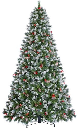 Yaheetech 6ft Pre-lit Frosted Artificial Hinged Christmas Tree with 62 Pinecones & Holly Berries, 818 Flocked PVC Tips, 250 Warm White Lights, Foldable Stand, Green