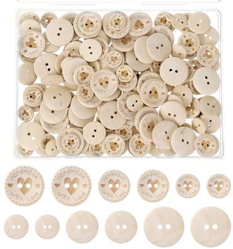 Holzknöpfe 150 Stück, 15mm/20mm/25mm Runde Form Holz Knöpfe für Strickjacke Handmade with Love Brief Große Knöpfe Holz, Handmade Buttons Knopf Mantelknöpfe 2 Löcher für Nähen DIY Basteln Dekorationen