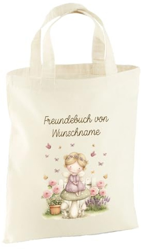 Elefantasie Personalisierte Freundebuch Tasche mit Namen, Baumwolle Stofftasche, Motiv Fee auf Pilz, Natur, 26x32 cm