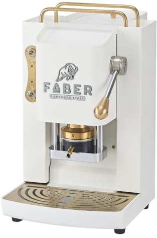 FABER COFFEE MACHINES | Deluxe 3.0 | Kaffeemaschine ESE 44mm mit Elektroventil, herausnehmbarer Padhalter, 1L Glasbehälter und verstellbarer Messing-Padpresser (Weiß, Messing)