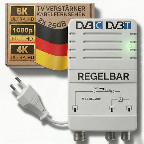 TronicXL TV Verstärker für Kabelfernsehen für HD 3D 4K 8K passend für PYUR Vodafone (25dB - 2 Geräte)