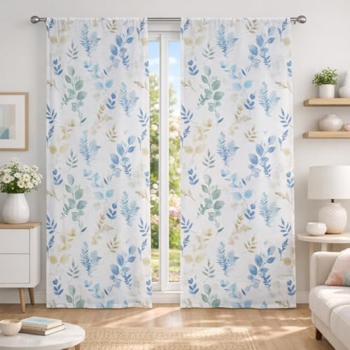 Home Tresor - Coppia Tende a Vetro | Tendine per Interni Primaverili Estive Stampa Foglie Floreale per Finestre e Porte, Cucina, Bagno,Soggiorno Mod. ARISTEA - 60x150 cm, Azzurro/Verde