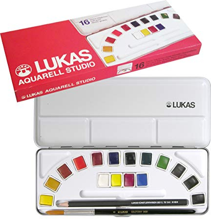 LUKAS AQUARELL STUDIO, Aquarellfarben in Premium-Qualität, Set mit 16 x 1/2-Näpfchen mit Pinsel und Bleistift im Metallkasten