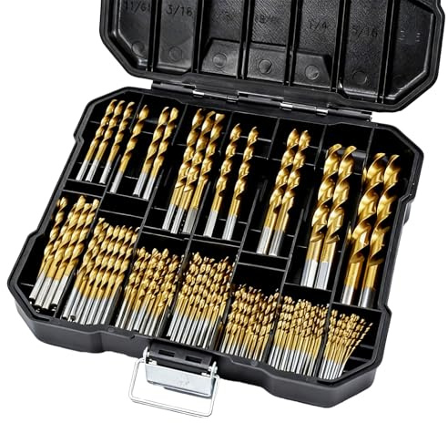 COMOWARE 100 Pcs Titanium Drill Bit Set - High Speed Steel for Steel, Wood, Plastic, Metal, Copper, Aluminum Alloy with Storage Case, 3/64-3/8