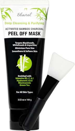Ebanel Charcoal Peel Off Face Mask Applicator Set, Deep Pore Cleansing Minimizer Blackhead Remover with Niacinamide, Hyaluronic Acid, Vitamin C, Green Tea, Deep Cleanse Black Masks Peel Off Gel Mask