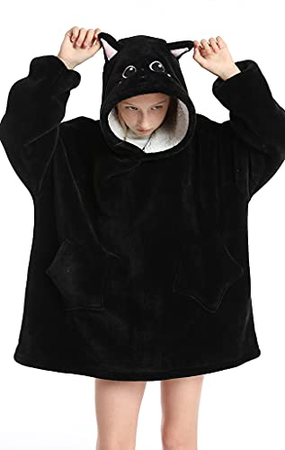 NLAND Sweat à Capuche Surdimensionné pour Enfants Couverture à Capuche pour Filles et Garçons Douce et Chaude Couverture Portable en Flanelle avec Manches et Poche(Chat,Taille Unique)