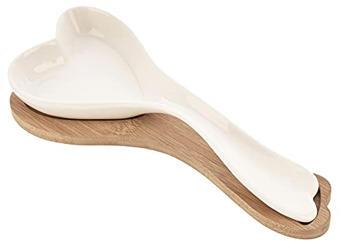 POGGIAMESTOLO APPOGGIA Cucchiaio da Cucina Ceramica Bianca con PIATTINO in Legno A Forma di Cuore