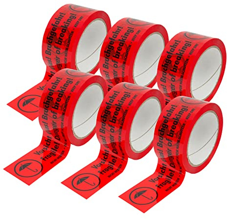 PROlac – 6 Rollen „VORSICHT GLAS! Bruchgefahr!“ Warnhinweis Klebeband – Warnklebeband für zerbrechliche Warensendungen – Klebeband selbstklebend – Bruchgefahr – Klebeband Rot