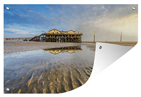 MuchoWow Poster exterieur Pavillon de plage du parc national allemand Schleswig-Holsteinisches Wattenmeer Decoration murale 90x60 cm Résistant aux intempéries/soleil