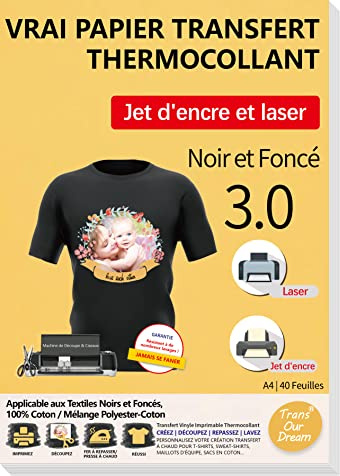 TransOurDream 40 Feuilles*A4 Papier Transfert pour Textile Noir&Foncé 3.0 | Compatible Imprimantes Jet d'Encre & Laser,Non Impression Miroir, Papier Transfert pour T-Shirt ou Textile Noir et Foncé,