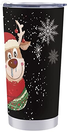 Dajingkj Weihnachtsbecher mit Deckel und verstellbarem Strohhalm für Auto, Edelstahl, doppelwandig, isoliert, niedliches Rentier, Reisebecher für Jungen und Mädchen