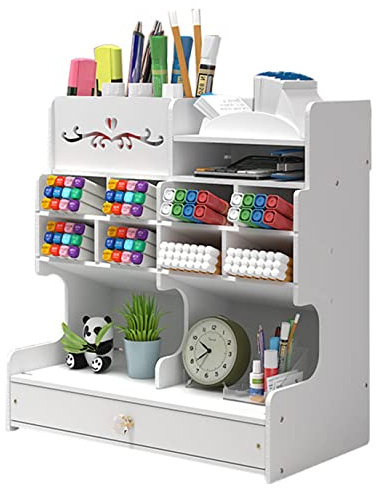 Vikmyer Portamatite in Legno, Organizer da Scrivania Portapenne Multifunzionale da Scrivania per Cancelleria per Ufficio a Casa Scaffale per Rifornimenti Scolastici con Cassetto Bianco-pb18