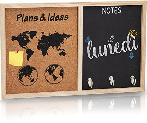 BAKAJI Lavagnetta Combinata Gesso e Sughero, Bacheca Multifunzione con Cornice in Legno da Appendere, Lavagna Cancellabile e Spillabile da Parete, Ideale per Memo o Presentazioni, Dimensioni 55x35H cm