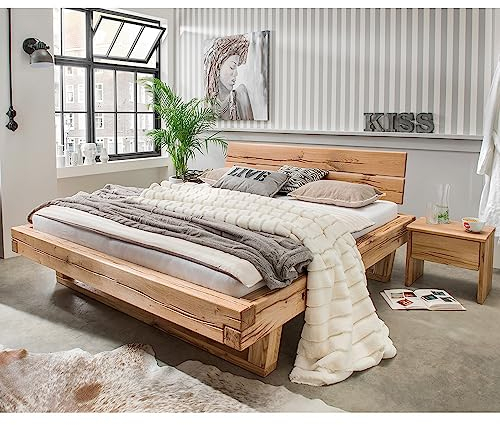 Lomadox Massivholz Doppelbett mit 2 Nachttischen, 180x200 cm, Eiche massiv, Holzkopfteil, Massivholzkufen, B/H/T ca. 298/88/228 cm