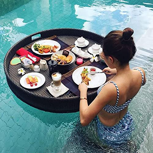 Oiyekntd Rattan gewebte schwimmende Tablett für Swimmingpool, servierende Tischfutter- und Getränkehalter für Sandbänke und Hochzeitsfotografie Fotoshooting mit Griffen,Black-80cm