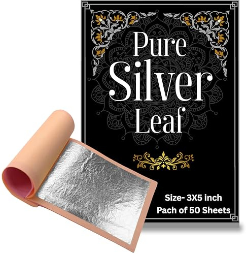 GLC Gold Leaf Silver Leaf Varakh Lot de 50 feuilles d'argent pur à 99,9% pour décoration de bonbons, gâteaux, chocolat, supari, sérums, médecine ayurvédique, décoration, kits de beauté pour le