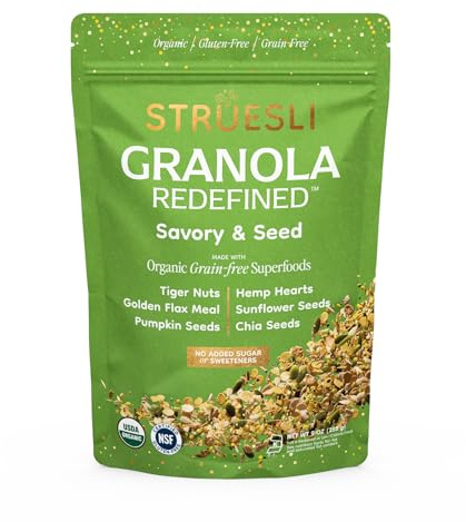 Struesli Savory & Seed Organic Granola, Nut, Grain & Gluten Free, Healthy Snacks with Pumpkin, Sunflower & Chia Seeds, Hemp Hearts, Flax, Tiger Nuts & Sea Salt, Plant Based, Keto & Paleo, 9 Oz