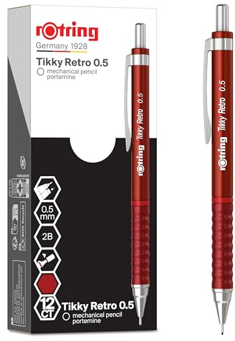 rOtring Tikky Retro Druckbleistifte | 2B 0,5 mm | Roter Schaft | mit geriffeltem Griff für hohen Komfort | 12 Stück