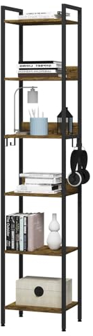 WOLTU Lagerregal mit 6 Ebenen, Küchenregal mit 4 Haken, Bücherregal im Industriestil, Standregal im Wohnzimmer Küche, schmales Leiterregal, Schwarz + Vintage Holzoptik, 40x30x187cm