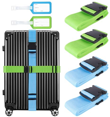 RYACO 4 Stück Koffergurt mit 2 Stück Gepäckanhänger Set, Verstellbare Rutschfestes Reisezube, kofferbänder Feste Schnalle für Koffer Gepäck Reisetasche 18-32 Zoll Koffer