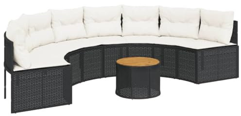 vidaXL Gartensofa mit Tisch und Kissen Halbrund Schwarz Poly-Rattan, Terrassensofa, Loungesofa, Loungemöbel, Outdoor Sofa, Lounge Set, halbrundes Sofa