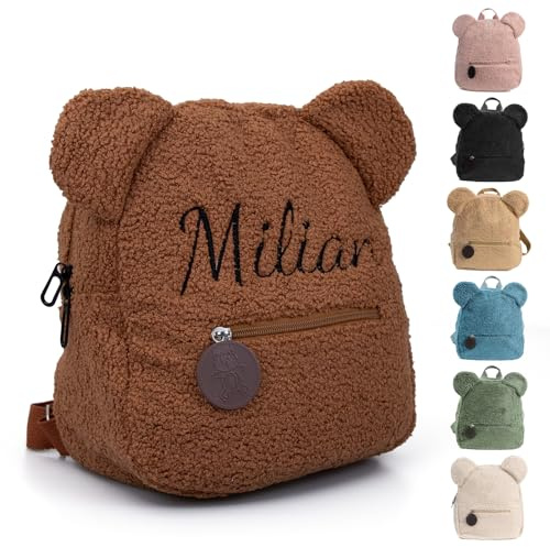 Personalized Toddler Backpack with Name, Customized Kids Back Pack for Boy & Girls, Custom Cute Small Bag Child Bookbag for School & Travel, Preschool Kindergarten Elementary Mini Backpack (Brown)