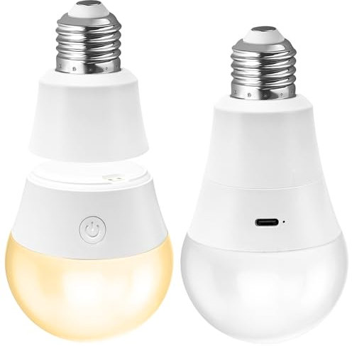 Qoolife USB-C bombilla con mando a distancia, E27 bombillas LED recargables con batería, 3 colores regulables, 7W bombilla de batería magnética con función de temporización, 2 paquetes