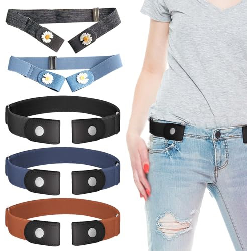 WYTNB 5er Set Elastischer Taillengürtel ohne Schnalle, 5 Farben, Nahtlos, Elegant, Strapazierfähig, für Damen, Herren, Jeans, Hosen, Kleider