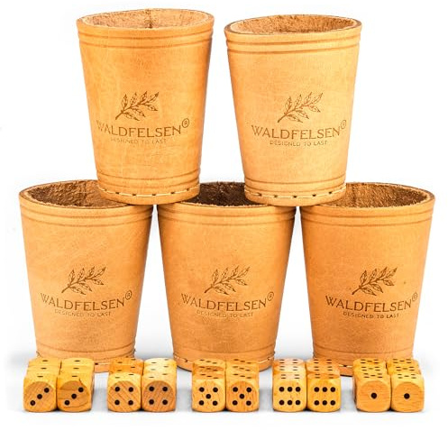 Waldfelsen® Juego de 5 cubos de piel auténtica (9 cm) con 30 cubos de madera (16 mm), de madera de haya, juego de dados (color: beige)