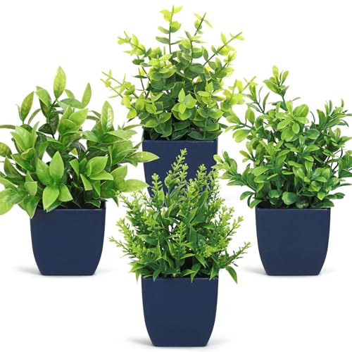 Betylifoy Artificial Potted Plants Mini 4PCS Blue Small Fake Plants | Greenery Indoor Decor Eucalyptus Plant Faux Plastic Plants for Office Home Bedroom Living Room Bathroom Desk