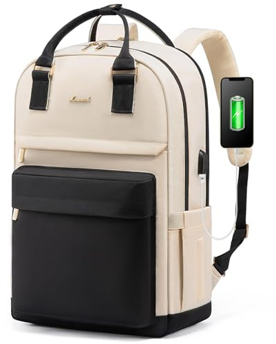 LOVEVOOK Laptop Backpack Womens, 17 Inch School Bags for Girls Travel Rucksack with USB Port Waterproof Back Pack for Work Business College School, Beige Black
