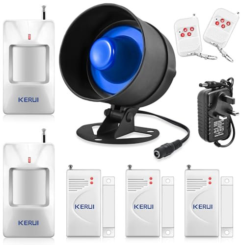 KERUI Wireless Security Burglar Door Alarm System Kit for Garage Shed House Hotel Shop Apartment, Weatherproof Siren Horn with Remote Control Door Contact Sensor,Motion Sensor,Loud Up to 115db