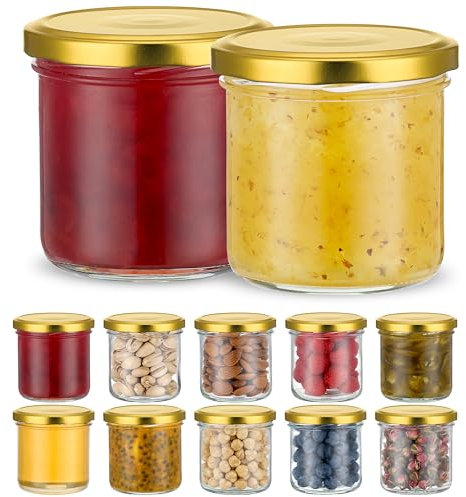 Danmu Art 12 Pack 260ml Glass Jars with Gold Lids 70mm Wide Mouth- Airtight Round Containers for Homemade Jam, Chutney, Pickles - Leakproof Reusable for Kitchen Storage & Gifts