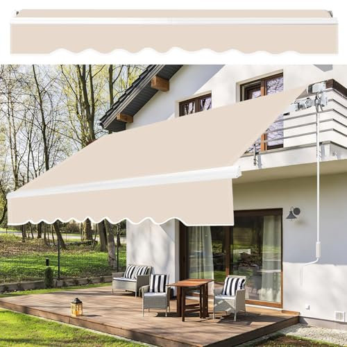 Randaco Tenda da sole con braccio snodato, 350 x 300 cm, beige, con manovella, angolo di inclinazione fino a 30 gradi, protezione solare impermeabile