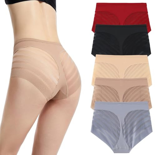 PNZLZIA Floralshe Calzones, Braguitas Moldeadoras de Cintura Alta sin Costuras con Control de Abdomen y realce de glúteos, Tanga de Encaje de Rayas Invisibles (5pcs,M)