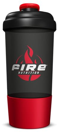 Fire Nutrition Shaker Premium, Botella Mezcladora Deportiva Con Compartimento, 500 ml, Negro y Rojo, Apto para Microondas, Resistencia Extrema