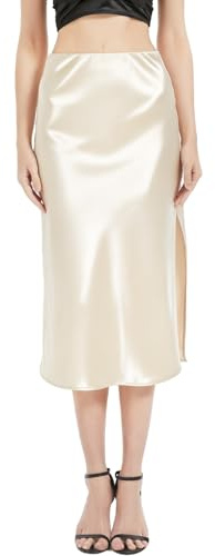 BALAYSIER Jupe Satin Femme Taille Elastiquée Cachée Jupes Mi Longue Fendue sur Le Côté Jupe-Midi(Beige,M)