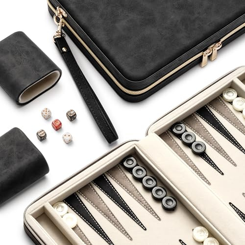 Lingle 9.4 Backgammon Sets for Adults, Classic Board Game with Folding Faux Leather Backgammon Case, Portable Travel Backgammon Game Set (Black)