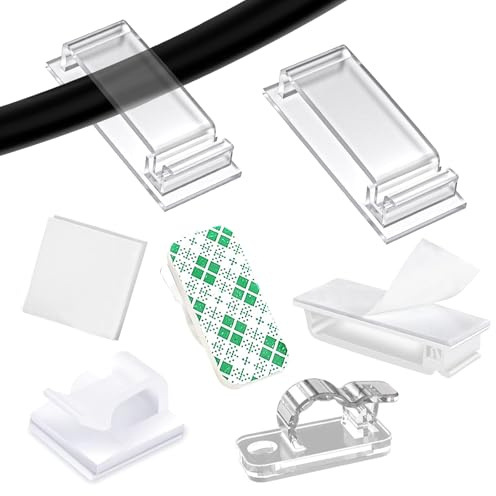 Poraceous 100 Pezzi Autoadesivo Clip Cavo, Fermacavi Supporto Organizer La Gestione dei Cavi, Ferma Cavi Adesivi, per TV, PC, Laptop, Cavo Ethernet, Scrivania, Casa, Ufficio (Trasparente)