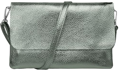Caspar Elegante Leder Clutch Damen Umhängetasche Abendtasche mit verstellbarem Schultergurt - CLASSIC LINE - Modell No.835 - Made in Italy, Farbe:olivgrün metallic